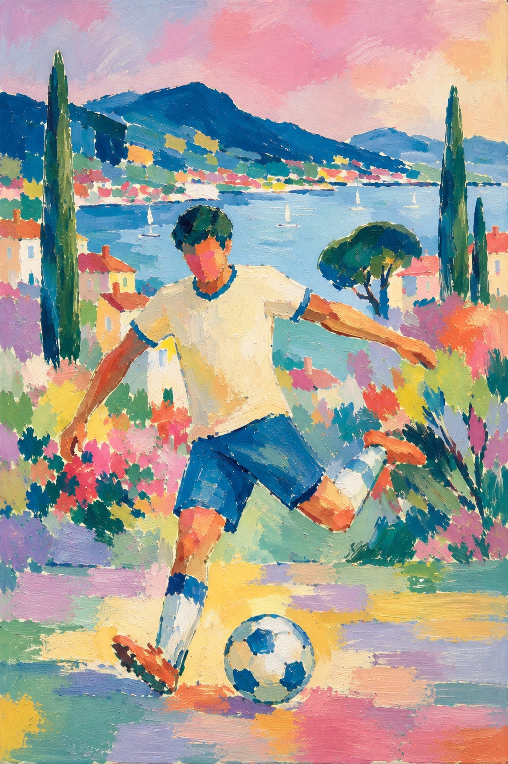 Painting of a soccer player kicking a ball along a colorful coastal village