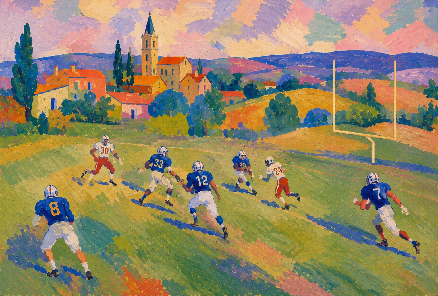 Painting of football players running a play in a countryside setting at sunset