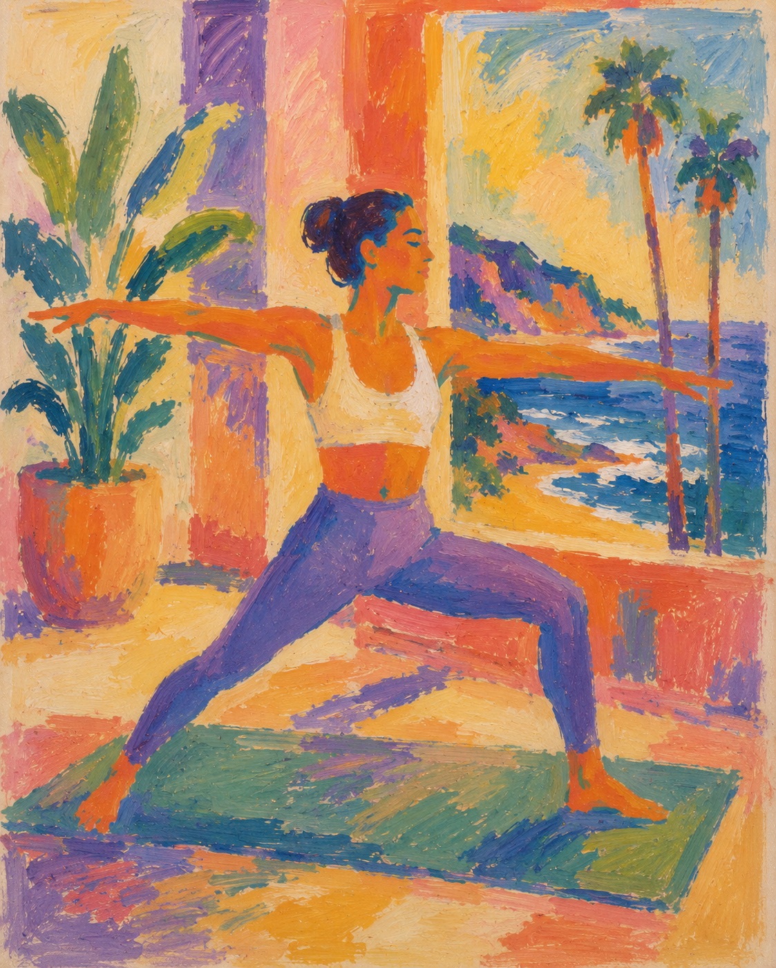 Woman in a wide-stance warrior yoga pose