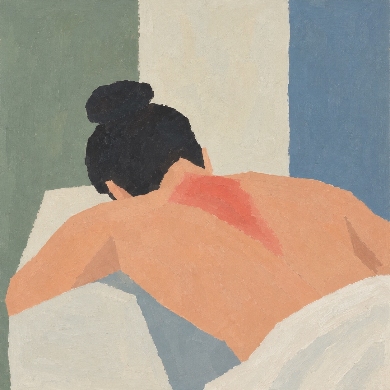 Painting of a man face down with a highlighted area of pain over the upper back and trapezius