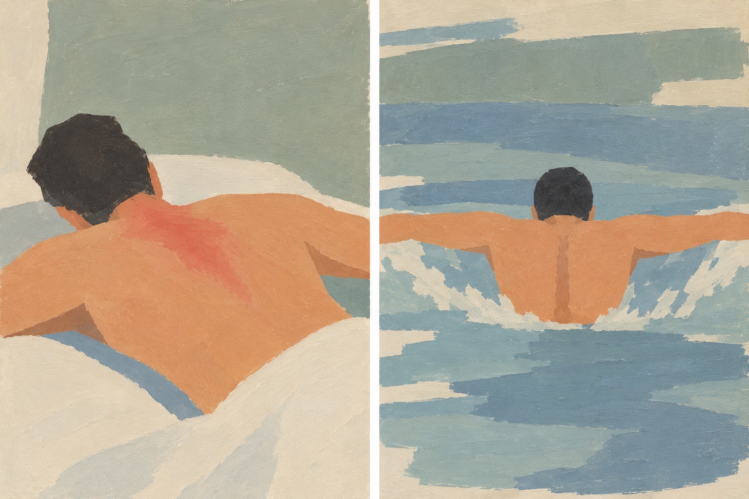 Painting diptych illustrating pain relief and a return to activity through ultrasound-guided hydrodissection