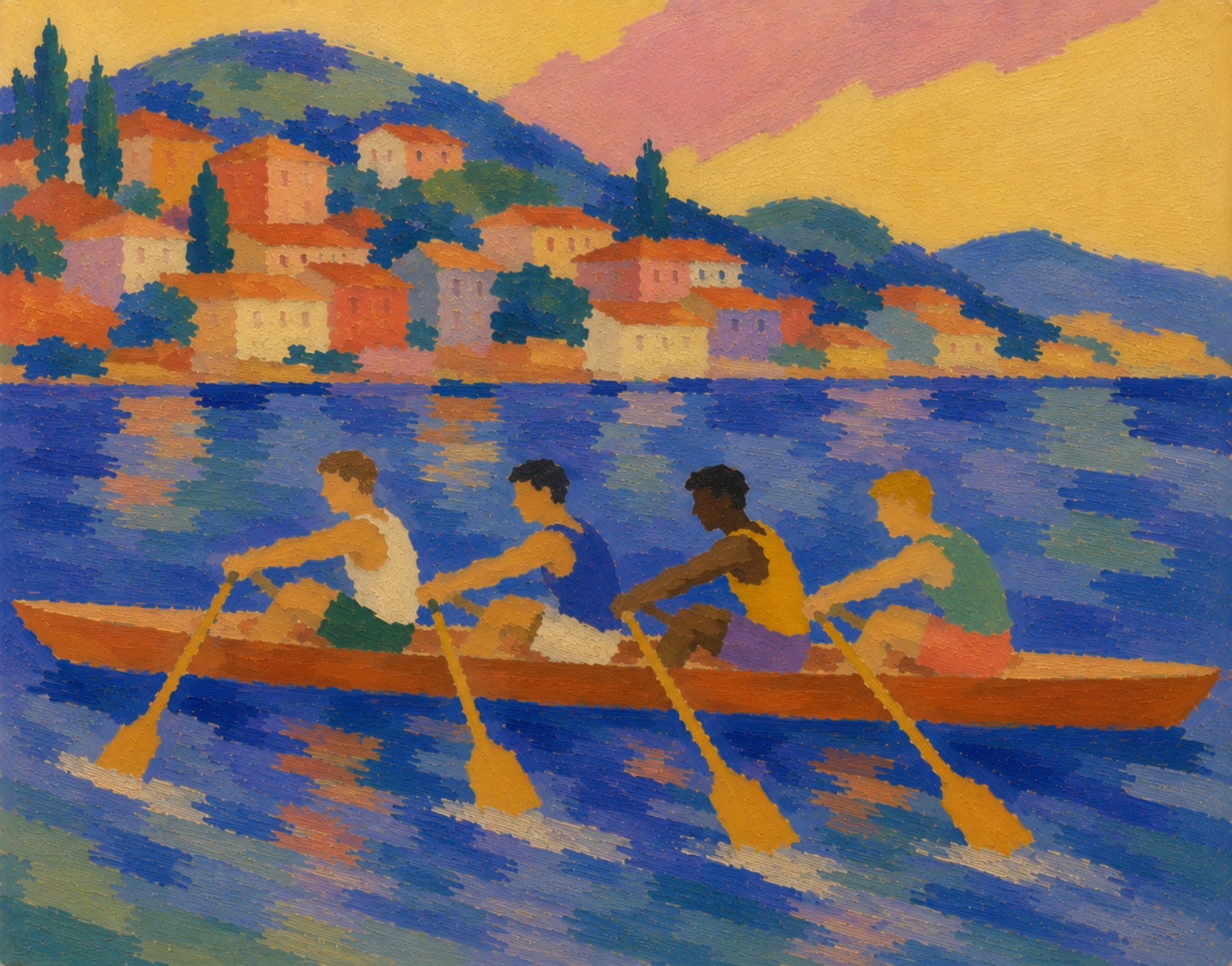 Rowers gripping oars on the water
