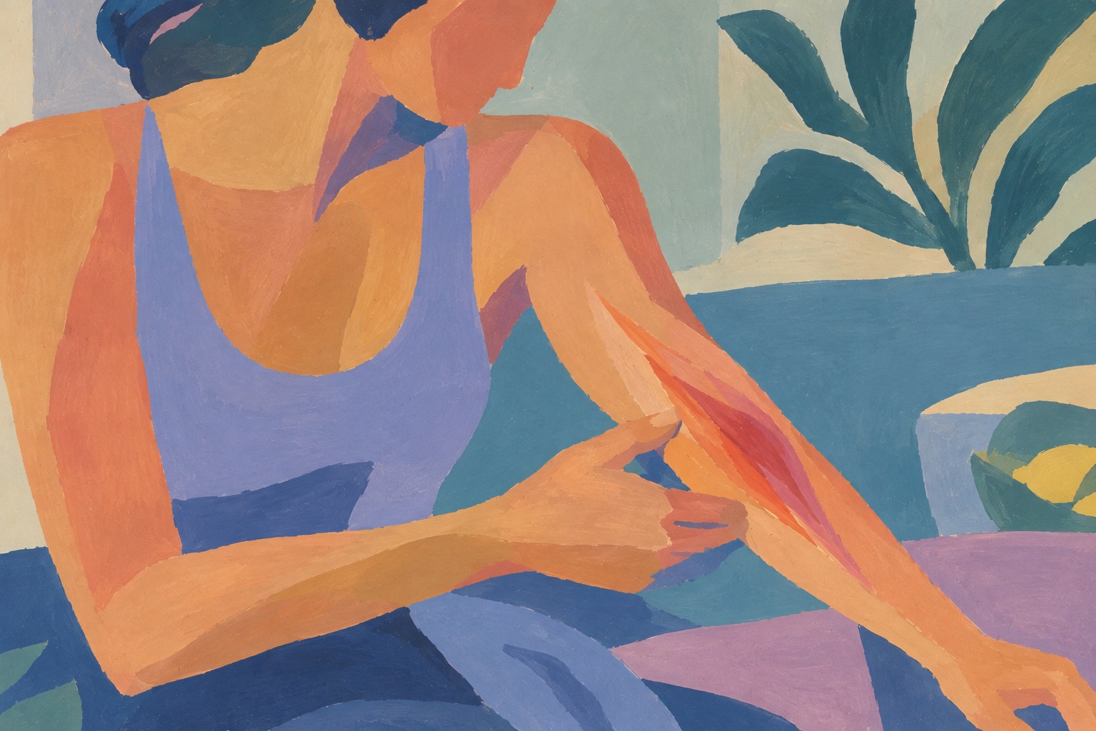 Painting of a woman examining her forearm, representing chronic tendon pain treated with prolotherapy
