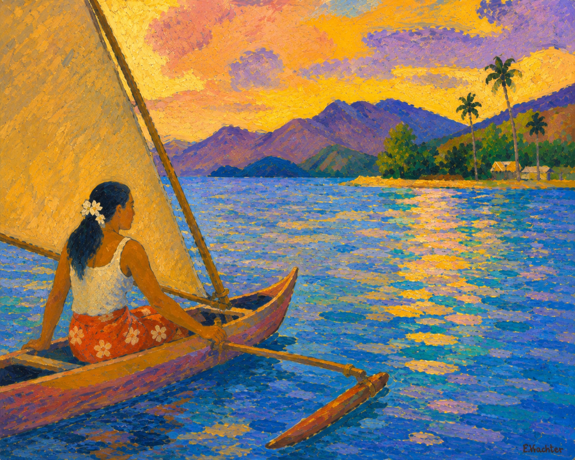 Woman sailing an outrigger canoe at sunset