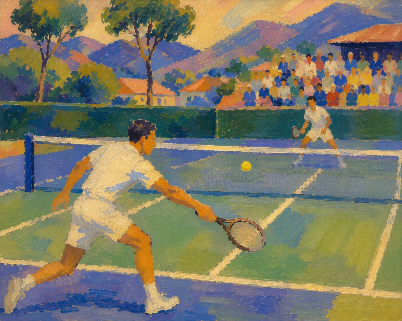 Tennis player reaching for a backhand