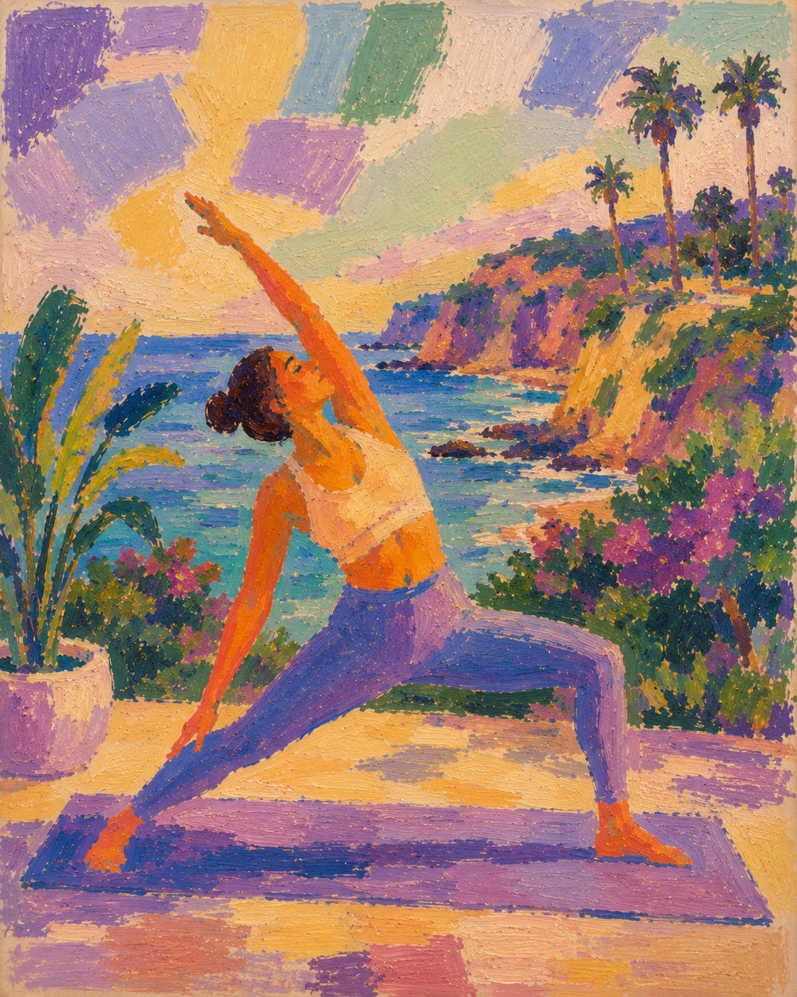 Woman in an extended yoga stretch by the coast